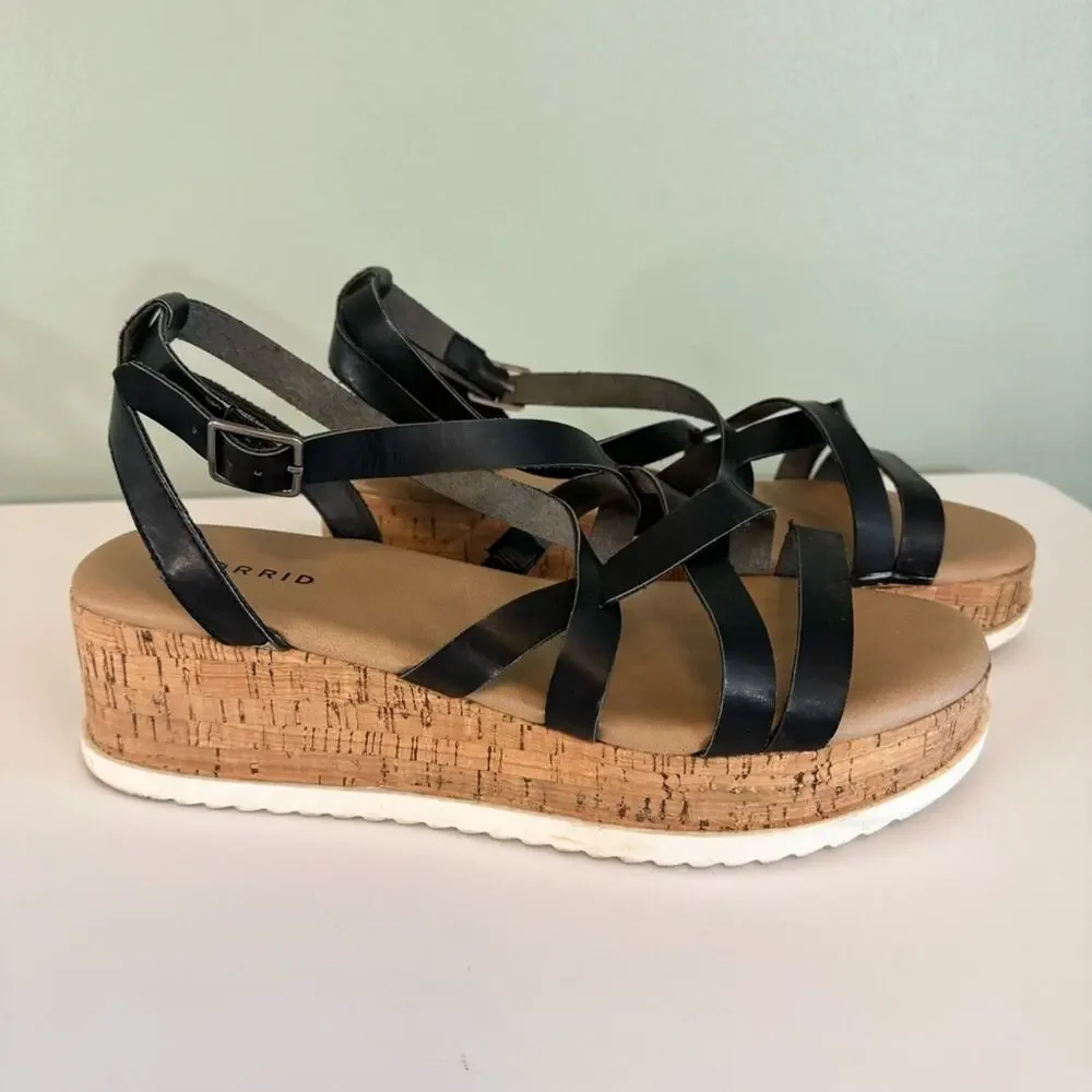 Torrid Women's Black Cork‎ Round Toe Ankle Strap Platform Gladiator Sandal 11.5W
